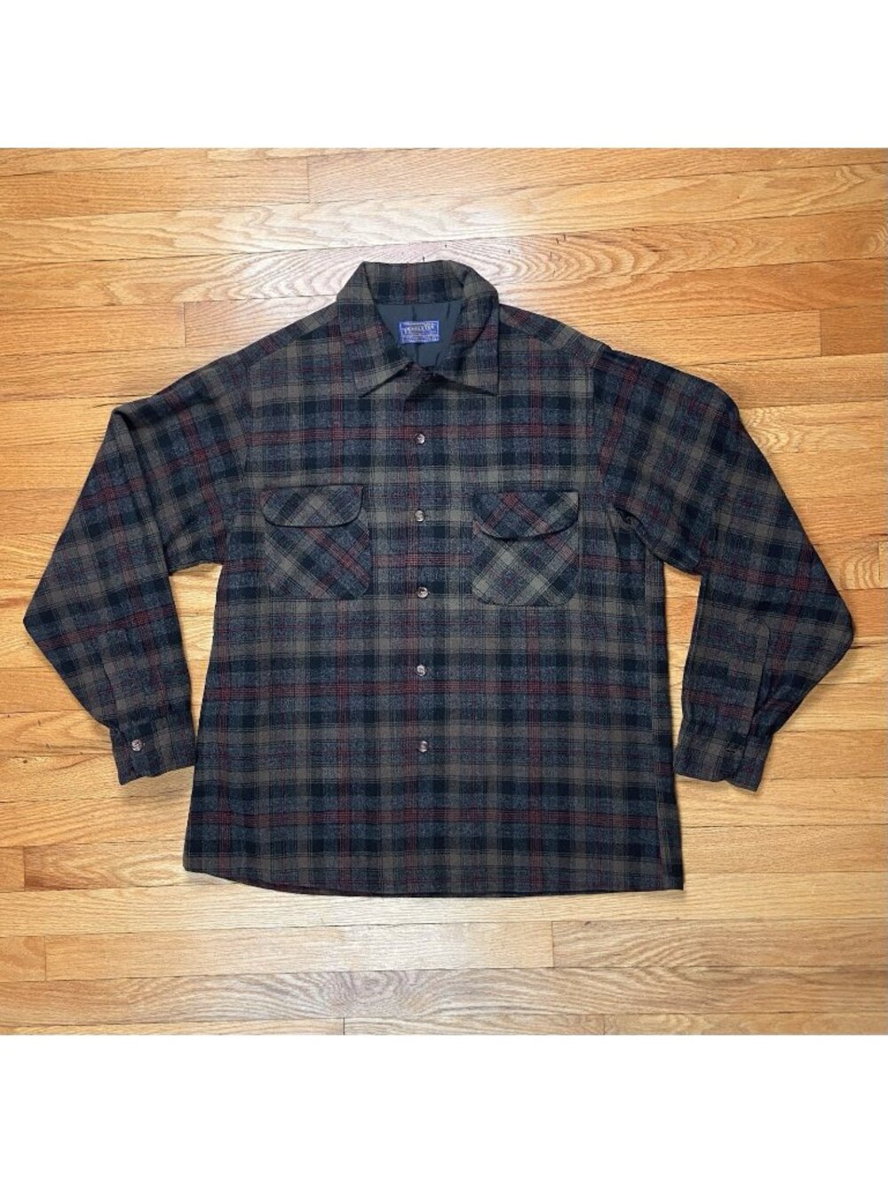 Vintage 60s Pendleton Board Shirt Mens L Grey Brown Red Black Loop Collar Wool